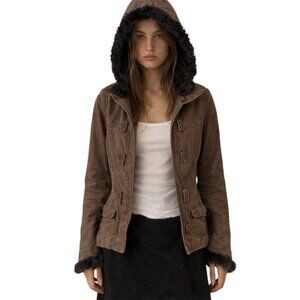 M Daytrip Brown Plaid Jacket Y2K Buckle Jacket w/ black Faux Fur Hood Trim